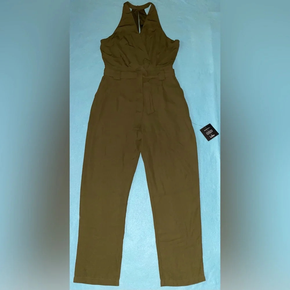 LULUS In The City wrap top jumpsuit olive belted lined 2 pockets NEW size M - Picture 4 of 15